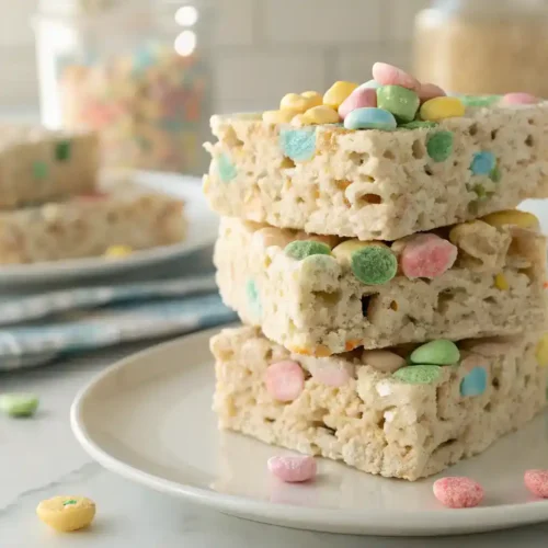 Colorful Lucky Charms Rice Krispie Treats stacked on a plate