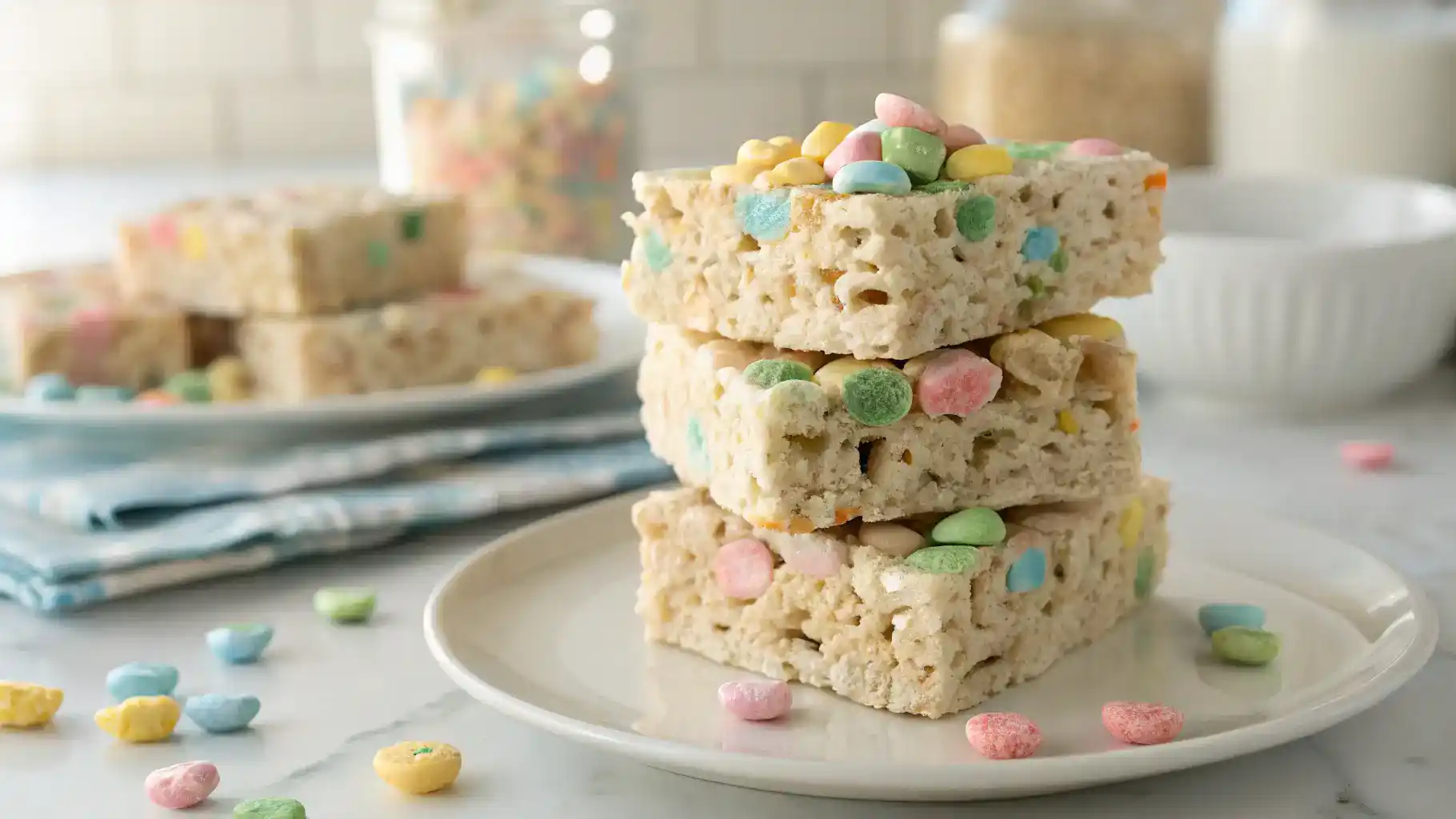 Colorful Lucky Charms Rice Krispie Treats stacked on a plate