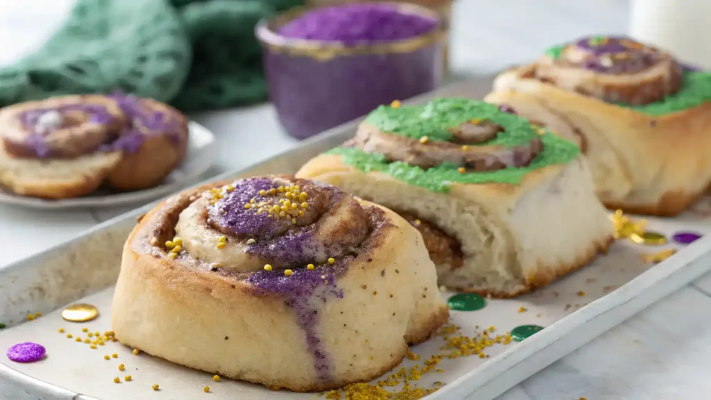 Mardi Gras cinnamon rolls with colorful icing