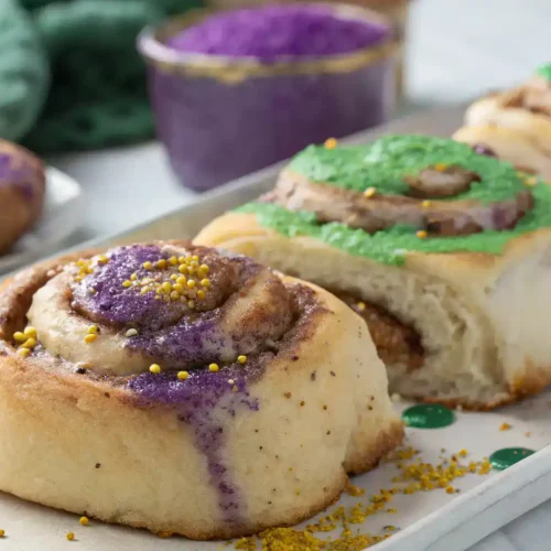 Mardi Gras cinnamon rolls with colorful icing