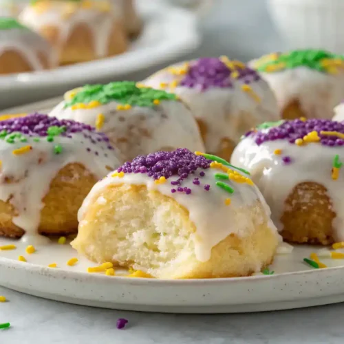 Mini king cake bites with glaze and colorful sprinkles