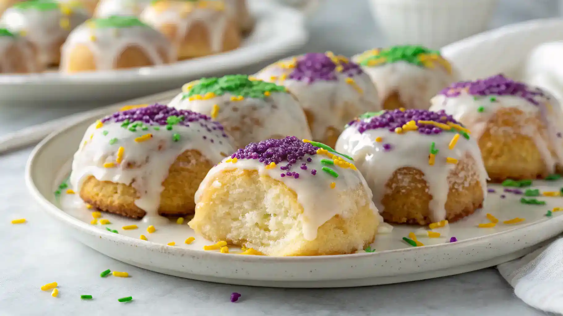Mini king cake bites with glaze and colorful sprinkles