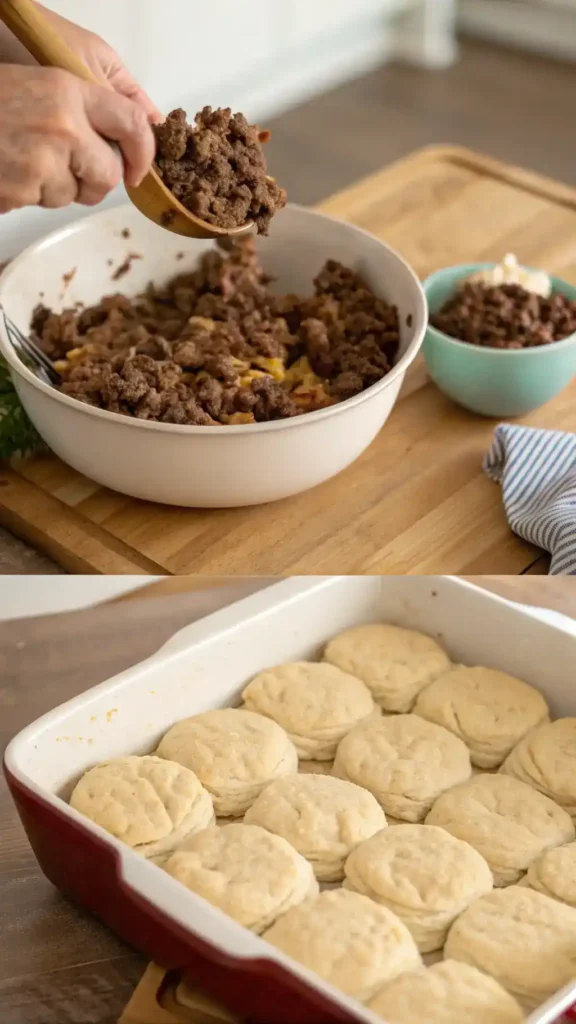 Cattle drive casserole being assembled in baking dish