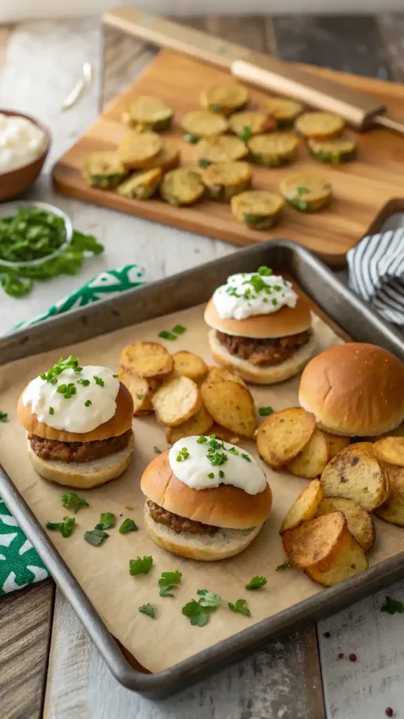 Mini St Patrick’s Day appetizers assembled on baking tray