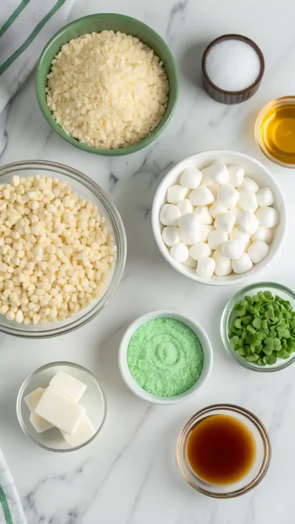 ingredients for Shamrock Rice Krispie Treats