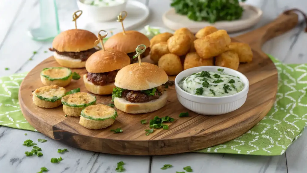 Festive St Patrick’s Day appetizers platter with mini sliders and potato bites