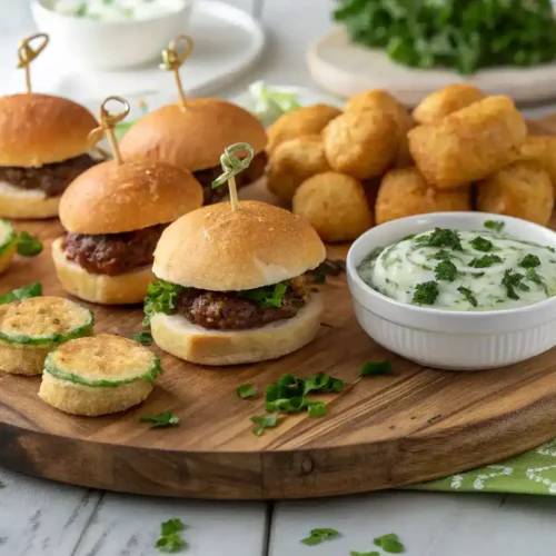 Festive St Patrick’s Day appetizers platter with mini sliders and potato bites