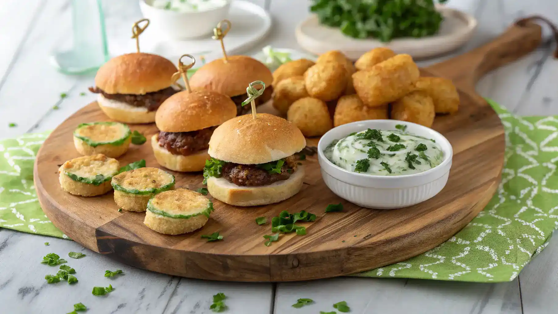 Festive St Patrick’s Day appetizers platter with mini sliders and potato bites