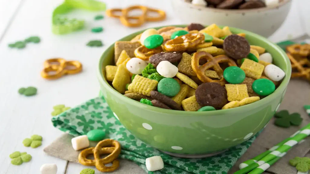 Colorful St Patrick’s Day trail mix in a bowl