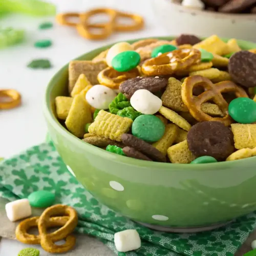 Colorful St Patrick’s Day trail mix in a bowl