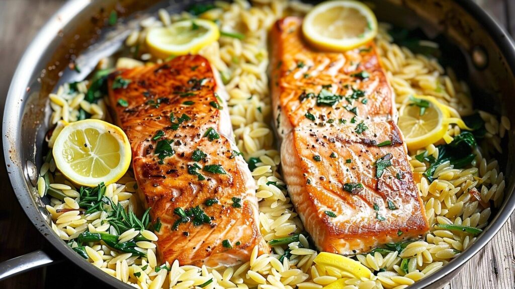 One Skillet Salmon with Lemon Orzo